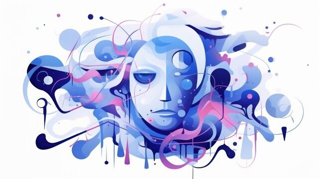 Dive into a surreal watercolor portrait of a mask in light blue, purple, and lilac, blending fantasy and elegance in an abstract, artistic display.