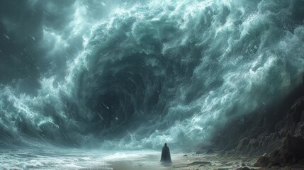 a person standing on a beach in front of a giant wave in the ocean with a man standing in the middle of the ocean. - obrazy, fototapety, plakaty