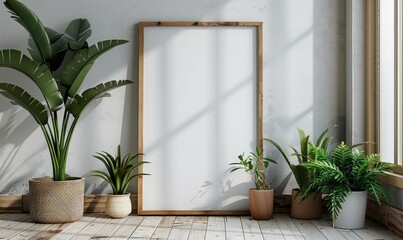 Poster frame mockup with vertical wooden frame in home interior background