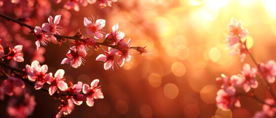   A close-up of a tree branch with pink flowers in the foreground and a blurry background