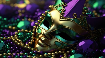 Immerse yourself in the spirit of Mardi Gras with a stunning Carnival mask, featuring gold and blue details for a touch of festive elegance.