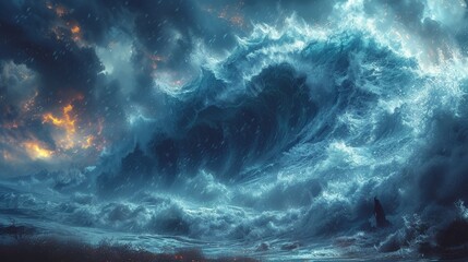 a painting of a huge wave in the ocean with a man standing in the middle of the ocean in front of it.