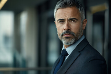 Fototapeta na wymiar A man with gray hair and a beard is wearing a suit and tie