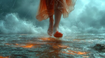 a woman in an orange dress walking through the water with her feet in the water and a red umbrella over her head.