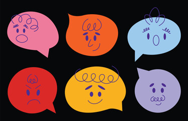 Speech bubble abstract comic faces with various Emotions. Crayon drawing style. Different colorful characters. Cartoon style. Flat design. Hand drawn trendy Vector illustration isolated on background
