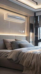 A minimalist bedroom with AI-managed climate control, ensuring the perfect sleeping environment for maximum comfort.