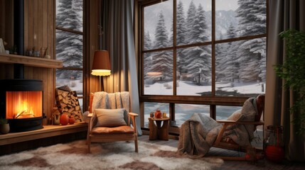 A decorated room with a fireplace offers a stylish design and a view of the winter forest, creating a cozy and festive atmosphere.