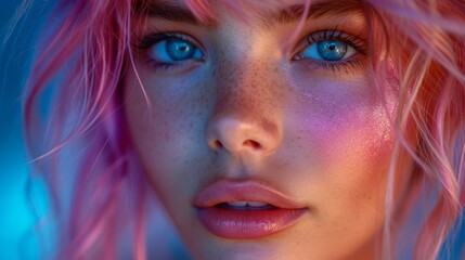 a woman with pink hair and blue eyes with freckled freckled hair and freckled eyes.