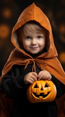 Cute trick: a boy in an orange hooded cape clutching a Halloween pumpkin.