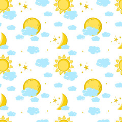 Seamless pattern of celestial bodies moon, moon and sun among clouds and stars on white background.  - obrazy, fototapety, plakaty