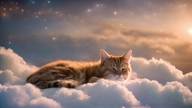 A little kitten sleeps peacefully on a soft cloud, surrounded by the starry sky that gently embraces it.