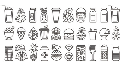 Appetizing Appetizer: A Vibrant Set of 80 Outline Icons for Food and Drink, Ready for Customization with an Editable Stroke in a Linear Style