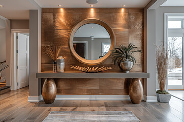 A modern and inviting entryway with a sleek console table, decorative mirror, and statement lighting fixture, welcoming guests into the home with style and sophistication.