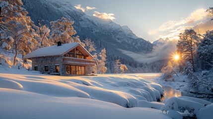 A lonely house in the mountains with snow	
