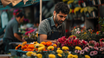 In the heart of the city, a sleek flower stall stands out, its owner exuding confidence and style as he tends to his blossoms