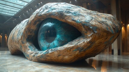 a large piece of wood with a blue eye inside of it in a room with lights and a chandelier on the ceiling.