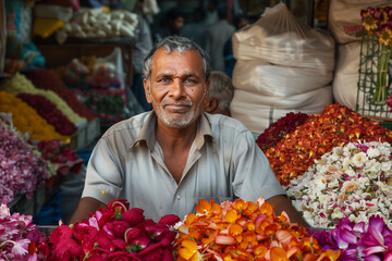 The essence of a modern man amidst the chaos of the flower market, his passion for his trade evident in every petal