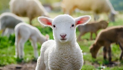 Naklejka na ściany i meble Pastoral Serenity: White Lamb Amongst Companions in the Field