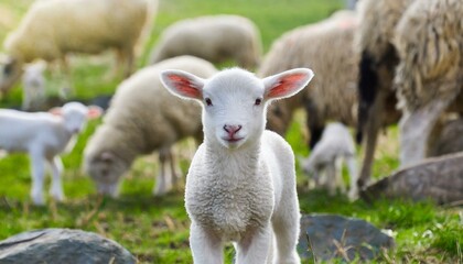 Obraz premium Innocence Amidst the Herd: White Lamb in the Field