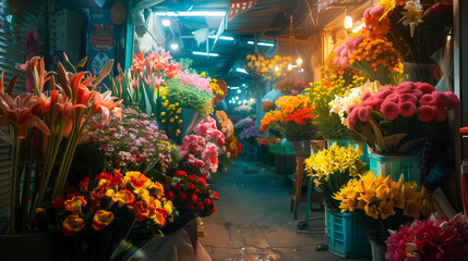 Through the lens of a modernist photographer, the flower market becomes a vibrant tableau of colors and cultures