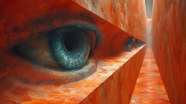 a close up of an eye looking through a hole in a wall with red and orange paint on the walls.