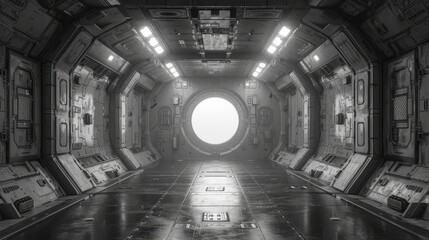a view of a sci - fi space station with a round window in the center of the room and lots of electronic equipment on the floor.