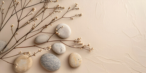 Easter decoration from pebble rock and willow twig on linen cotton background. Plastic-free concept and zero waste