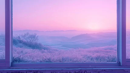 Meubelstickers Split Perspective Window View: Lavender Sunrise and Mint Green Hillside © Exnoi