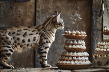 An exotic Savannah cat standing tall, its spotted coat gleaming, next to a tower of stacked, artisanal cat food cakes, in a setting that matches its wild elegance.