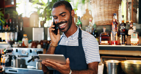 Tablet, bartender and black man on cellphone call, conversation and order alcohol stock, store...