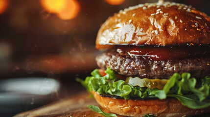 Savory Delight: A Homemade Beef Burger Up Close, Artfully Arranged on a Rustic Wooden Table