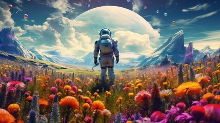 An astronaut exploring a floral-covered planet in space, blending the realms of cosmos and nature in a captivating field of imagination. - obrazy, fototapety, plakaty