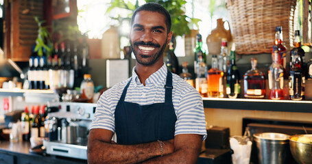 Welcome, coffee shop and confident portrait of man at bar with smile, waiter or manager at...