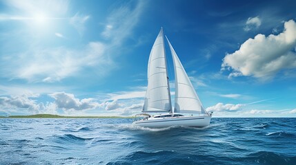 A sailboat with white sails sails on the open sea, creating a serene sailing scene under the endless blue sky.