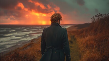 a painting of a person standing on a hill looking out at a body of water with a sunset in the background.