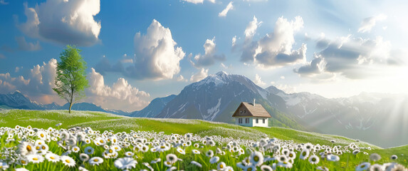 Beautiful view of idyllic mountain scenery with traditional old mountain chalet and fresh green meadows full of blooming daisy flowers in springtime