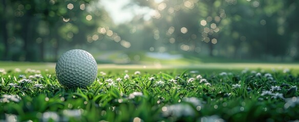 Fototapeta premium A detailed view of a white, dimpled golf ball poised on a tee, with the lush fairway and distant holes softly blurred, emphasizing the precision and calmness of golf