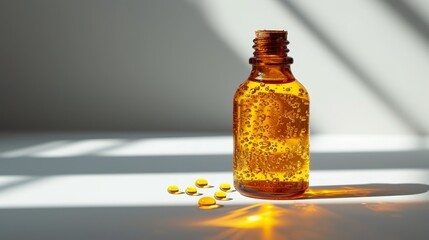 a bottle filled with yellow pills sitting on top of a white table next to a shadow of a light coming from a window.