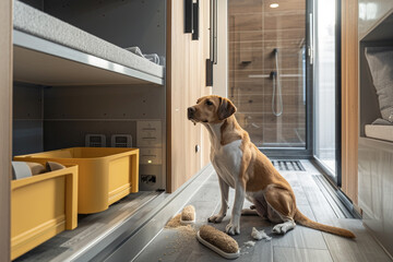 A pet-friendly mudroom with AI-monitored cleaning systems, automatically removing dirt and debris...