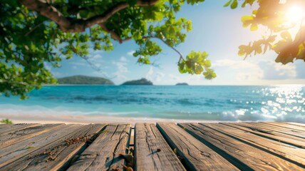 Empty Wooden Table in Tropical Beach View