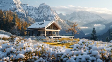 A lonely house in the mountains with snow	
