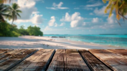 Naklejka na ściany i meble Empty Wooden Table in Tropical Beach View