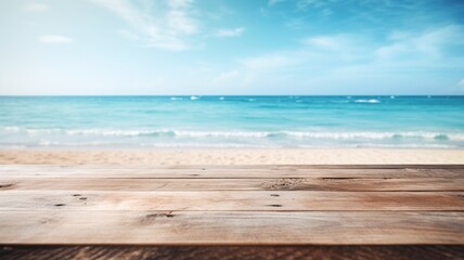 Fototapeta na wymiar Empty Wooden Table in Tropical Beach View