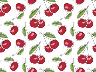 Cherry seamless pattern. Line drawn juicy cherries berries background. Abstract summer fruit illustration.Pattern for packaging design, wallpaper, cover, fabric print