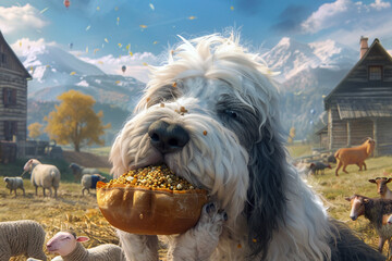 An Old English Sheepdog at a farm, contentedly munching on a specially prepared vegetarian dog meal, with farm animals peacefully roaming in the background. - obrazy, fototapety, plakaty