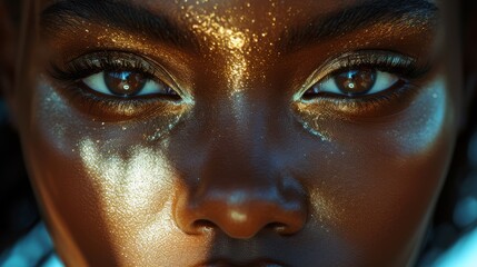 a close - up of a woman's face with gold paint on her face and her eyes are glowing.