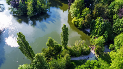 Amazing drone view on Park of Edmond  de Rothschild.  (stunning nature).   weeping tree on shore...