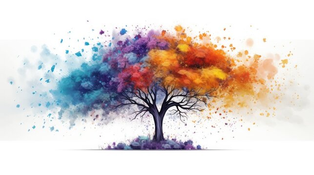 Isolated Drawing: A graceful, vibrant lone tree depicted in watercolor, symbolizing natural growth.