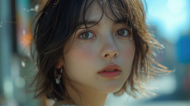 a close up of a woman's face with frecks of frecks on her hair and blue eyes.