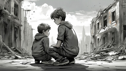 two boys are sad because of destruction